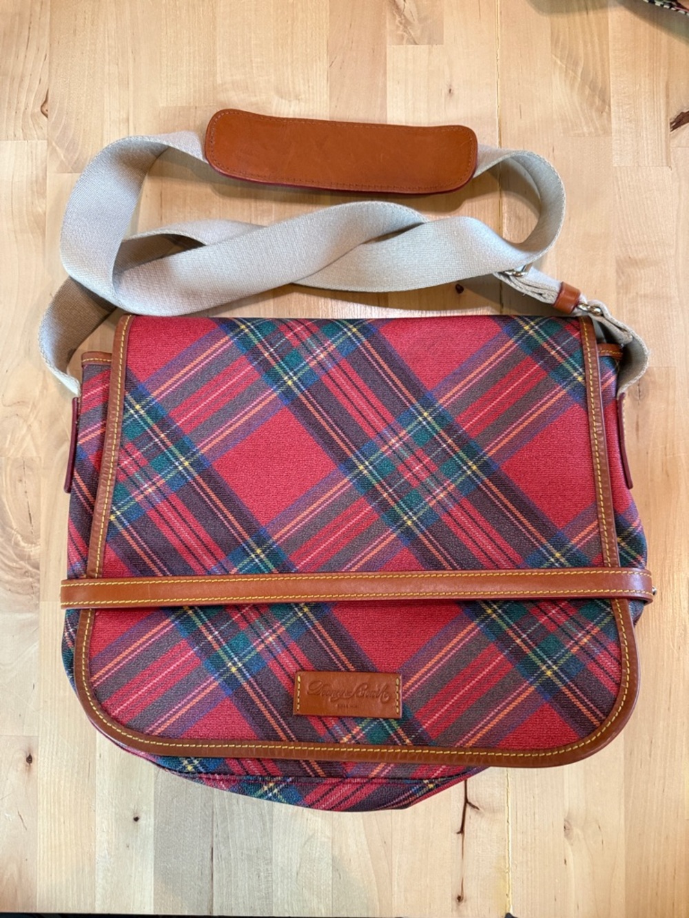 Dooney & Bourke Red Plaid Satchel with Tan Trim